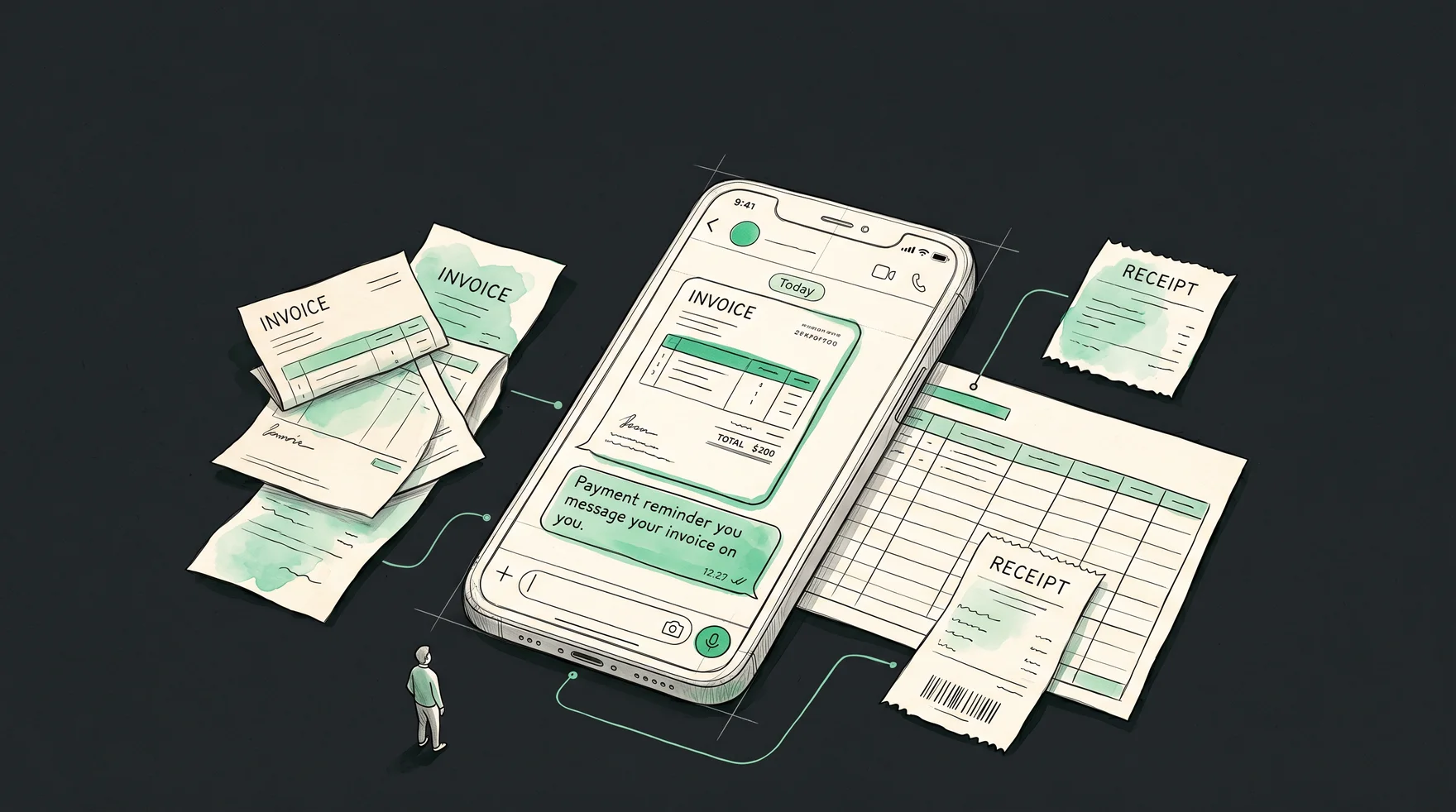 Editorial illustration of Stackifier sending an invoice and payment reminder over WhatsApp, with payments and receipts flowing into the Stackifier dashboard